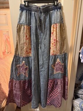 Denim Blue Patchwork Boho pants with Floral and Plaid Panels